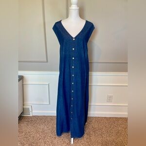 Vintage Elisabeth Denim Jean Jumper Dress 28W Plus Maxi Long Button Down Soft